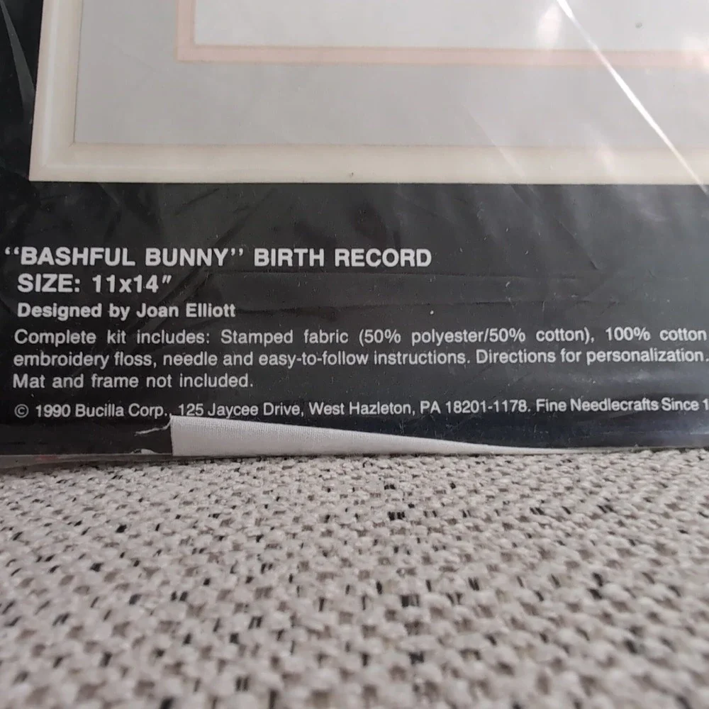 Bucilla Stamped Cross Stitch Kit Baby Birth Record 11x14 Bashful Bunny 40454 90s